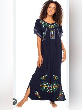 Embroidered Navy Maxi Dress with Floral Accents
